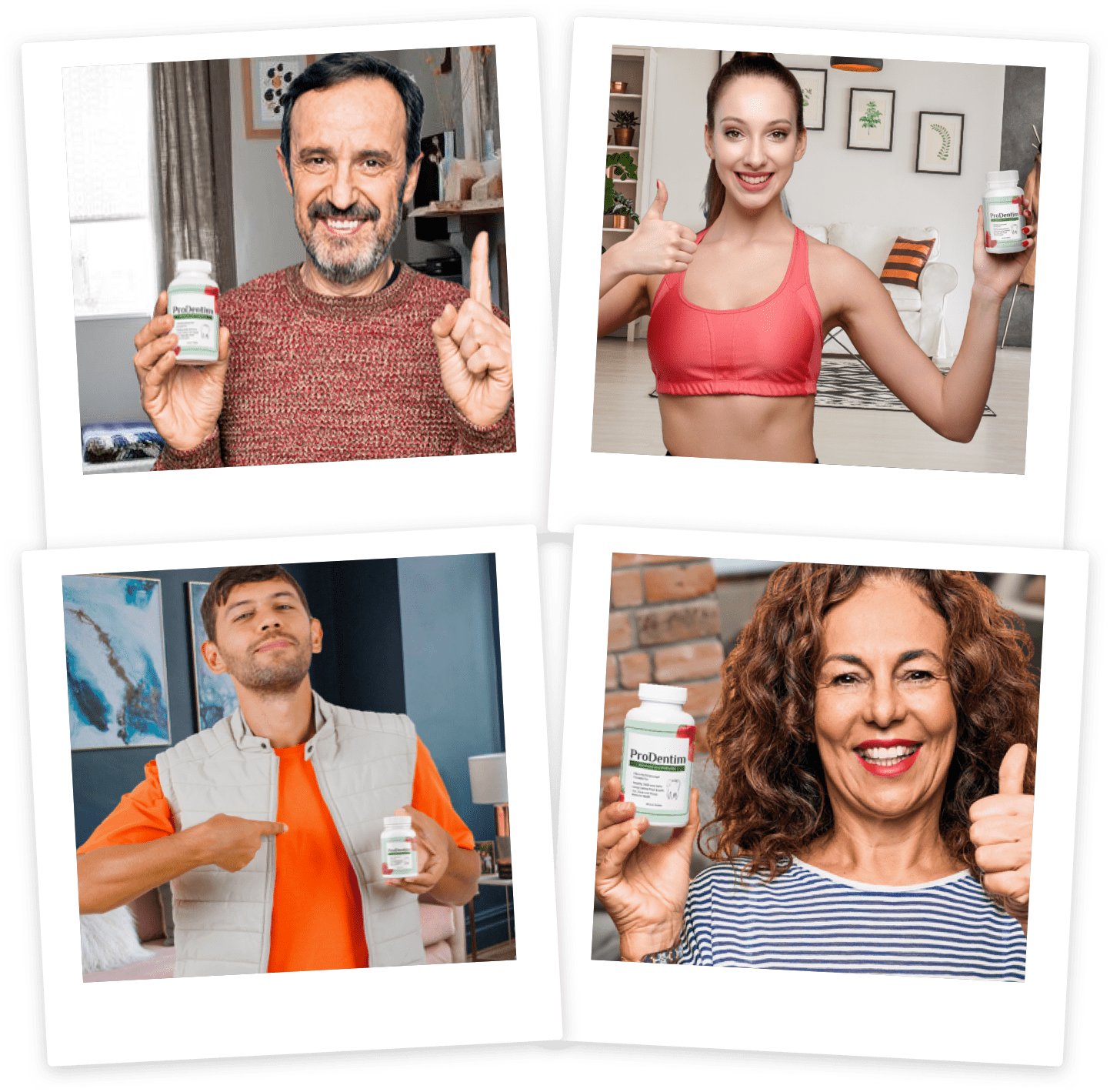 A collage featuring four happy customers holding ProDentim bottles, sharing their positive experiences with this oral health probiotic supplement.