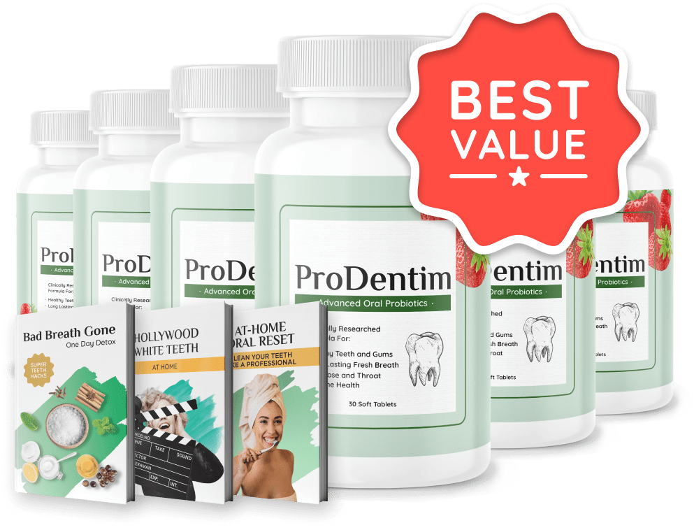 Best value pack of ProDentim including 6 bottles and 2 free digital bonuses for oral care.