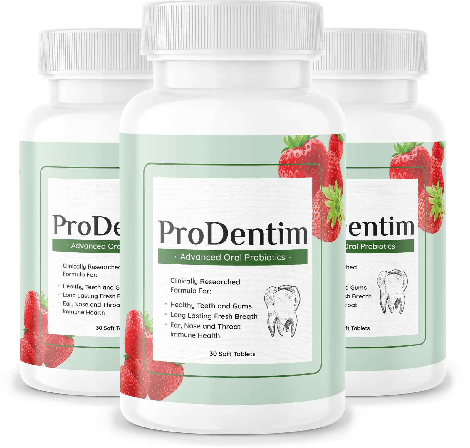 Promotional bundle of three ProDentim bottles, offering a 90-day supply of this natural oral probiotic supplement.
