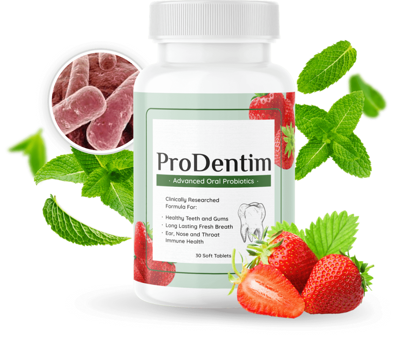 A bottle of ProDentim dietary supplement with 3.5 billion probiotics for dental health.